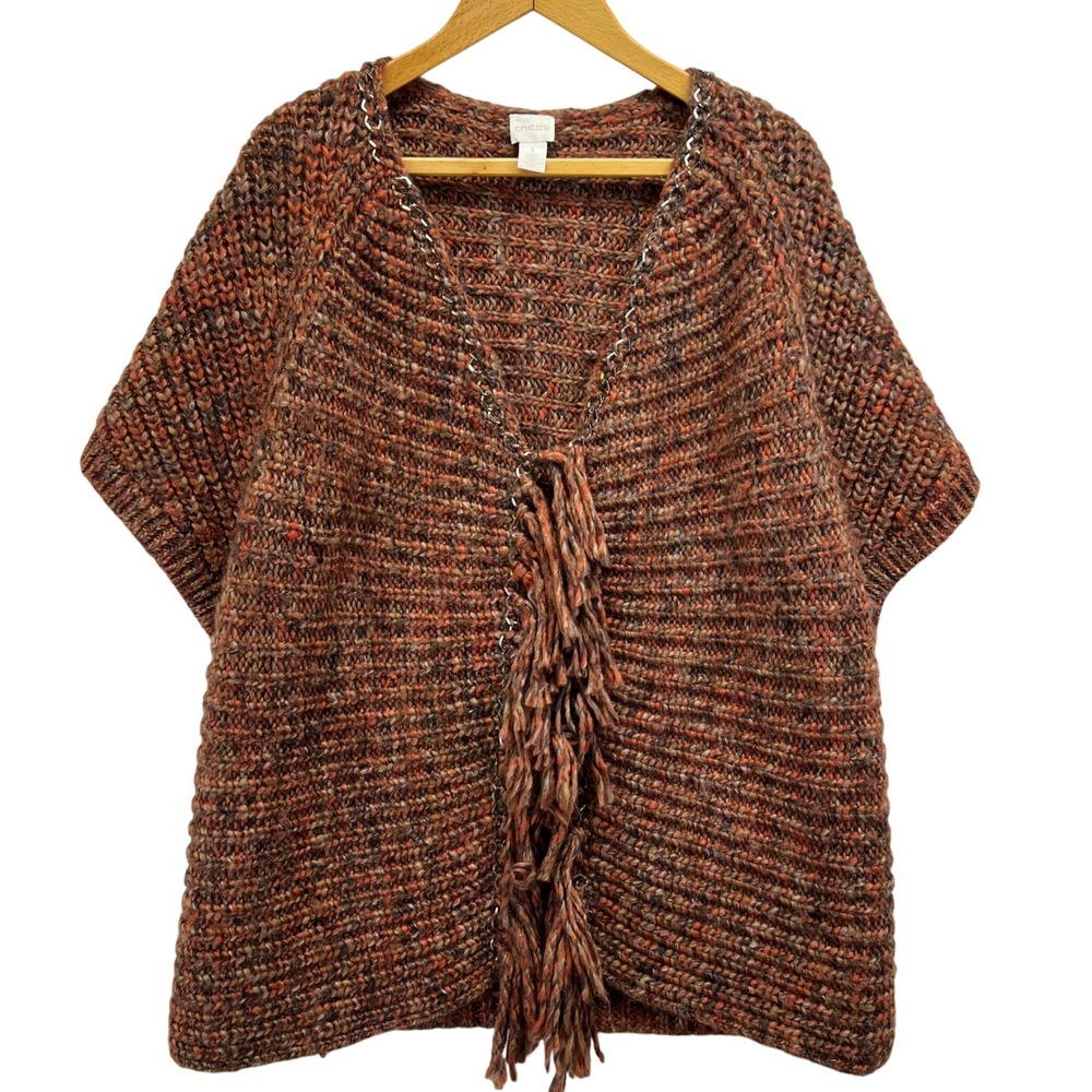 Chicos Katarina Hardware Fringe Short Sleeve‎ Cardigan Sweater Wool Sz 1, Med